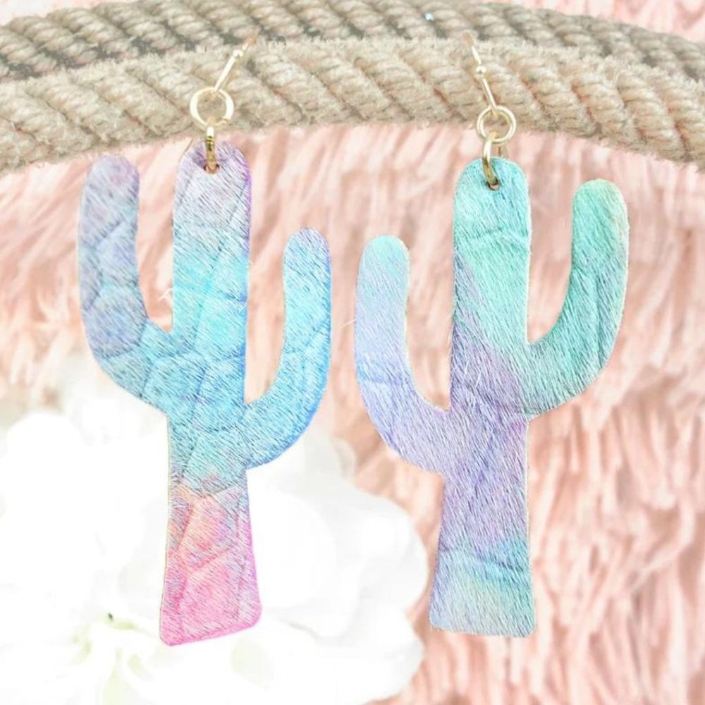 NO 3 Rainbow Pastel Embossed Leather Cactus Dangle‎ Statement Earrings NWT